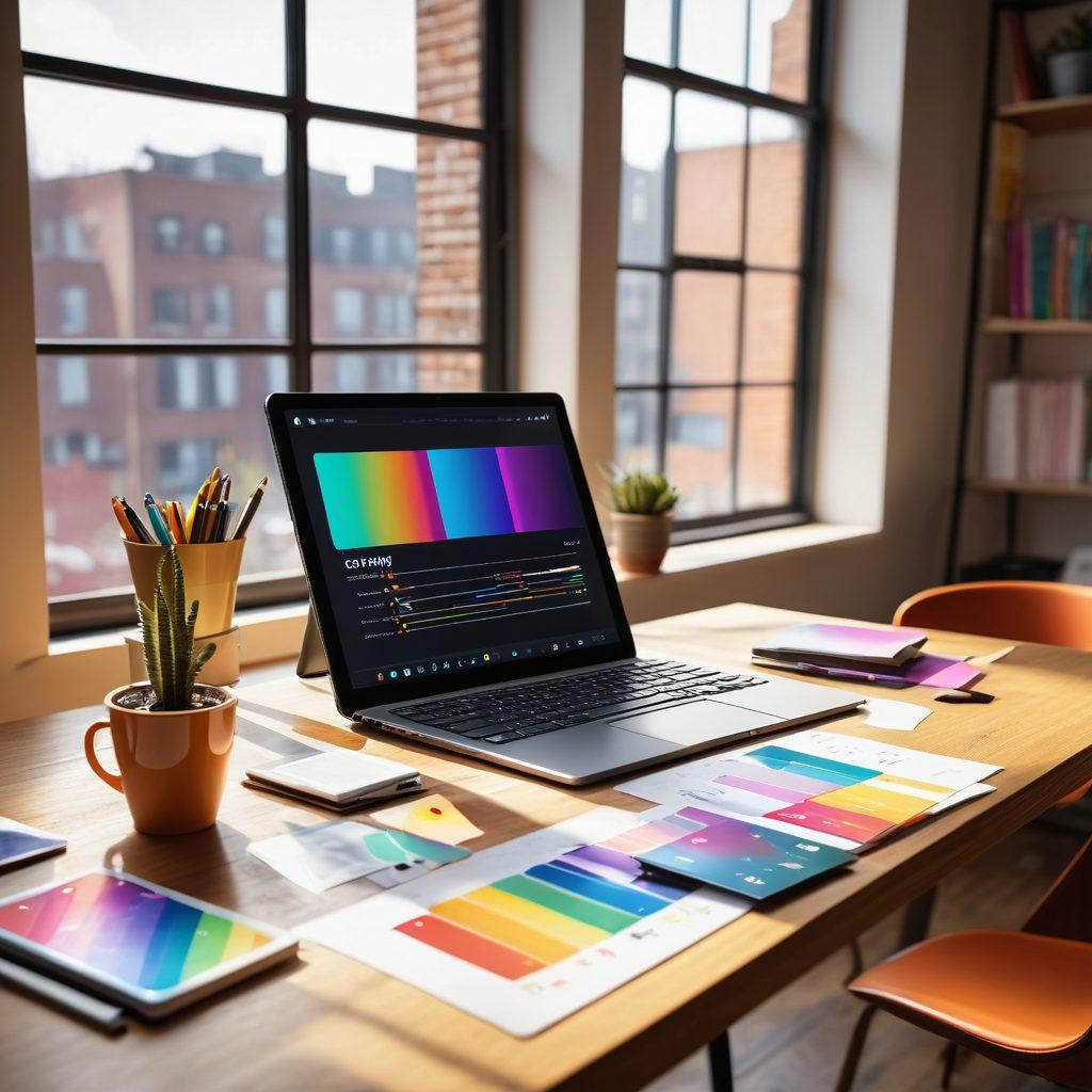 A modern workspace showcasing a creative logo design process, featuring a designer sketching an innovative logo on a tablet, surrounded by digital marketing strategy notes, color swatches, and a sleek laptop displaying analytics. Bright light from a window casts inspiring shadows, creating an energetic atmosphere. super-realistic. vibrant colors. 3D.