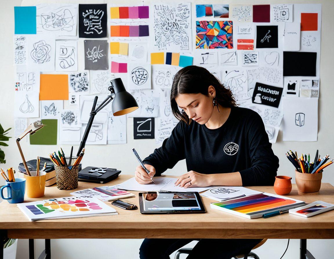 A creative workspace featuring an artist sketching logo designs on a tablet, surrounded by vibrant color swatches and branding materials, with inspiration boards on the walls showcasing various logo styles and typography. The scene is bright and inviting, highlighting the process of crafting a brand identity. super-realistic. vibrant colors. white background.