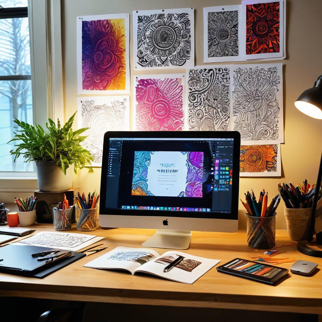 A vibrant workspace filled with creative tools: a digital tablet, sketchbooks, colorful pens, and a computer screen displaying graphic design software. The background features inspiring posters and art pieces that symbolize creativity and innovation. A soft glow illuminates the scene, emphasizing the process of transforming ideas into visual art. Ideally, it captures a sense of dynamic energy and artistry. super-realistic. vibrant colors. cozy atmosphere.